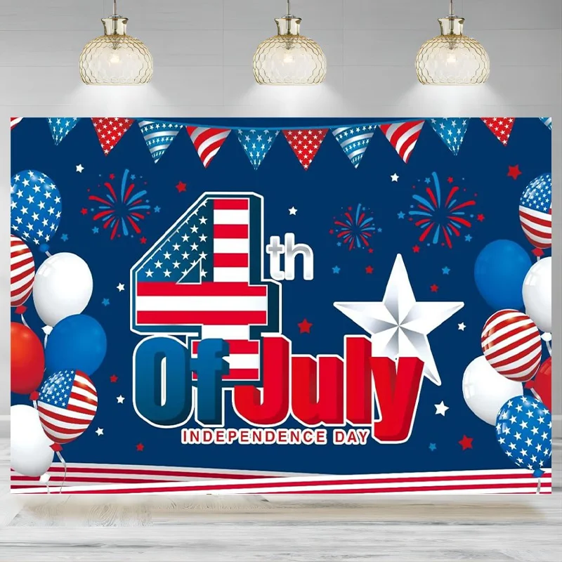 

Large 4th of July Banner Decorations Backdrop Independence Day Firework Balloons Party Photography Background Party Decoration