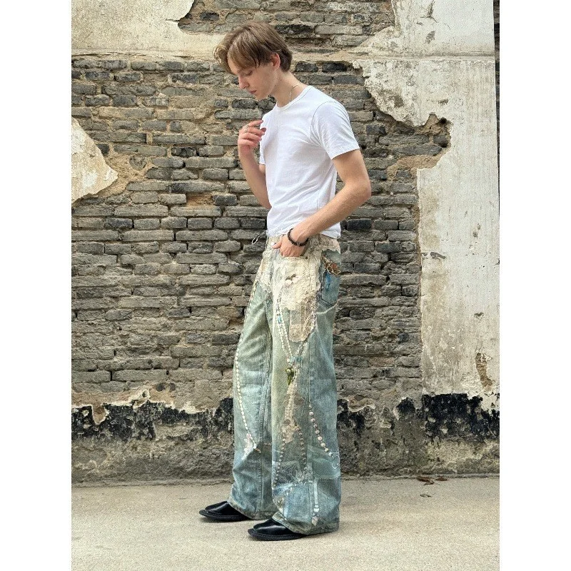 

Wide Leg Denim Jeans 1981 Series 3D Printed Lace Pearl Chain Straight Loose Women's Pants High Waist mid Stretch Other Fabrics