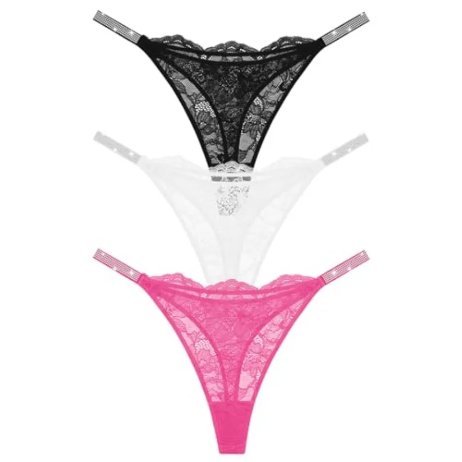 

Sexy Thongs for Women Breathable Lace Underwear Rhinestones Strap G-String Stretch Panties Thong