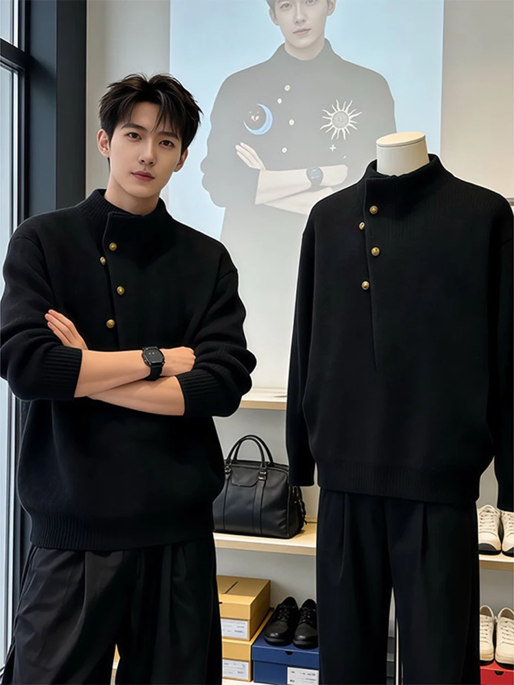 

Мужской асимметричный трикотажный свитер с высоким воротником, зимний базовый слой, повседневный свободный крой, длинный рукав, геометрический узор, стандартная длина