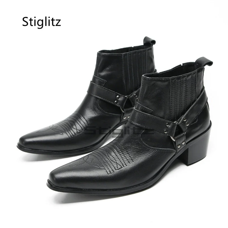 

Black Leather Embroidery Men's Boots High-Heeled Slip On Chelsea Boots Pointy Toe Stylish Breathable Business Dress Shoes