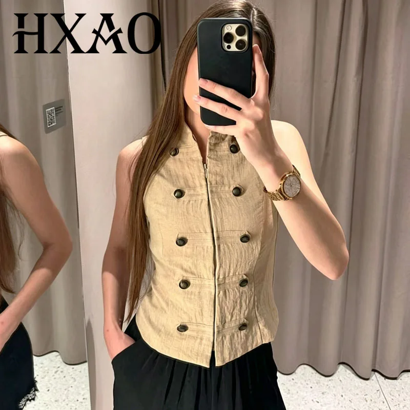 HXAO Damen Crop-Weste, ärmellos, Sommer-Weste mit Knöpfen, Reißverschluss, Crop-Tank-Top, Jacke, weiblich, lässig, Streetwear, Hemd-Tops