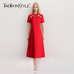 TWOTWINSTYLE Hollow Out Patchwork Bowknot Dress For Women Round Neck Short Sleeve High Waist Temperament A Line Dresses Female