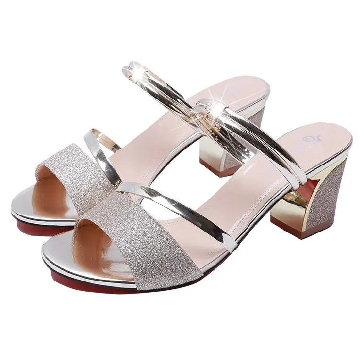 2022 Summer Sequin Sandals Women\'s Summer New Chunky Heels Silver High Heels Ladies Casual Outdoor Ladies Sandals 34-40