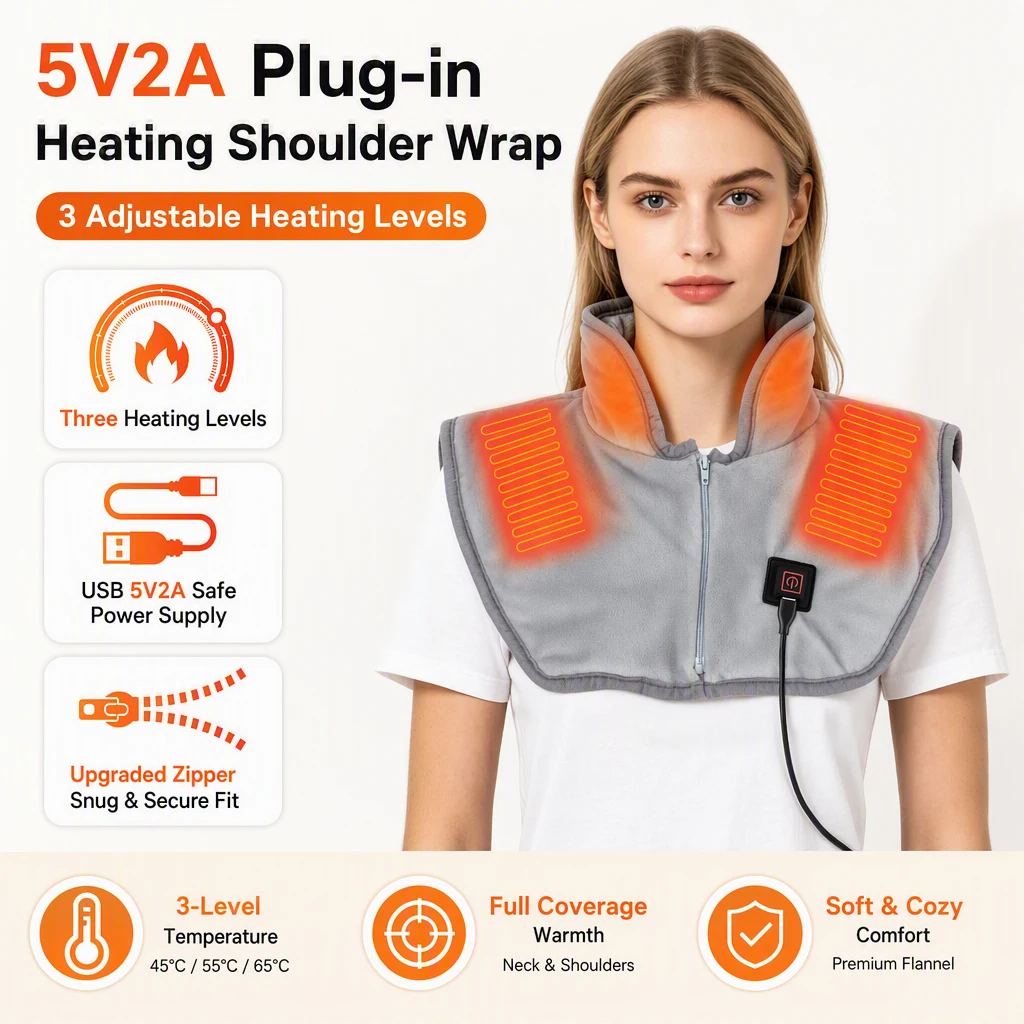 Heating Shawl for Shoulder and Neck 3 Zone Wrap USB Power 3 Temperature 45-65℃ Washable Cozy Winter Office Home