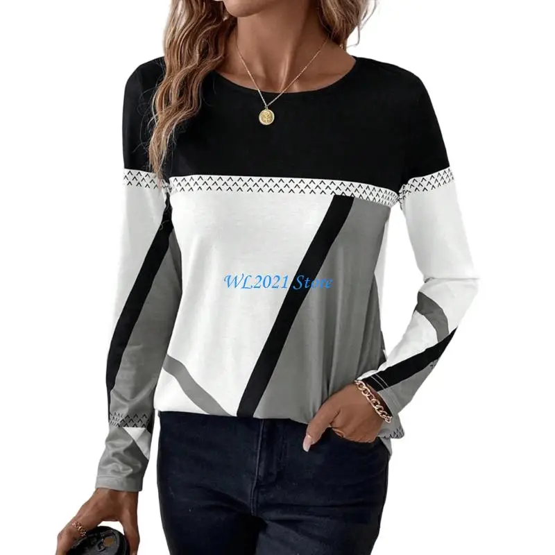 

G5GC Women's Printed Long-Sleeved Round Neck Geometric Patchwork Casual Top