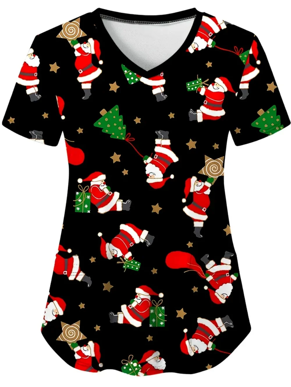 Krankenpflegeuniformen Frau Weihnachten Schneemann Cartoon Print Gesundheitswesen Krankenschwester Schnelltrocknend V-Ausschnitt Kurzarm mit Taschen Scrubs Frau