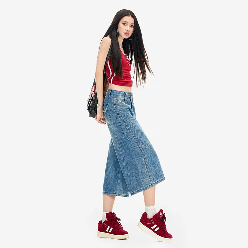 Women's American High Street Retro 6-inch Straight Jeans, New Summer High Waist Loose Slim Wide-Leg Capri Pants