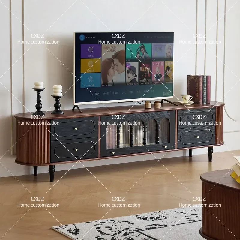 Retro Solid Wood TV Cabinet and Coffee Table Set Living Room Furniture Medieval Style High Storage Console with Sealed