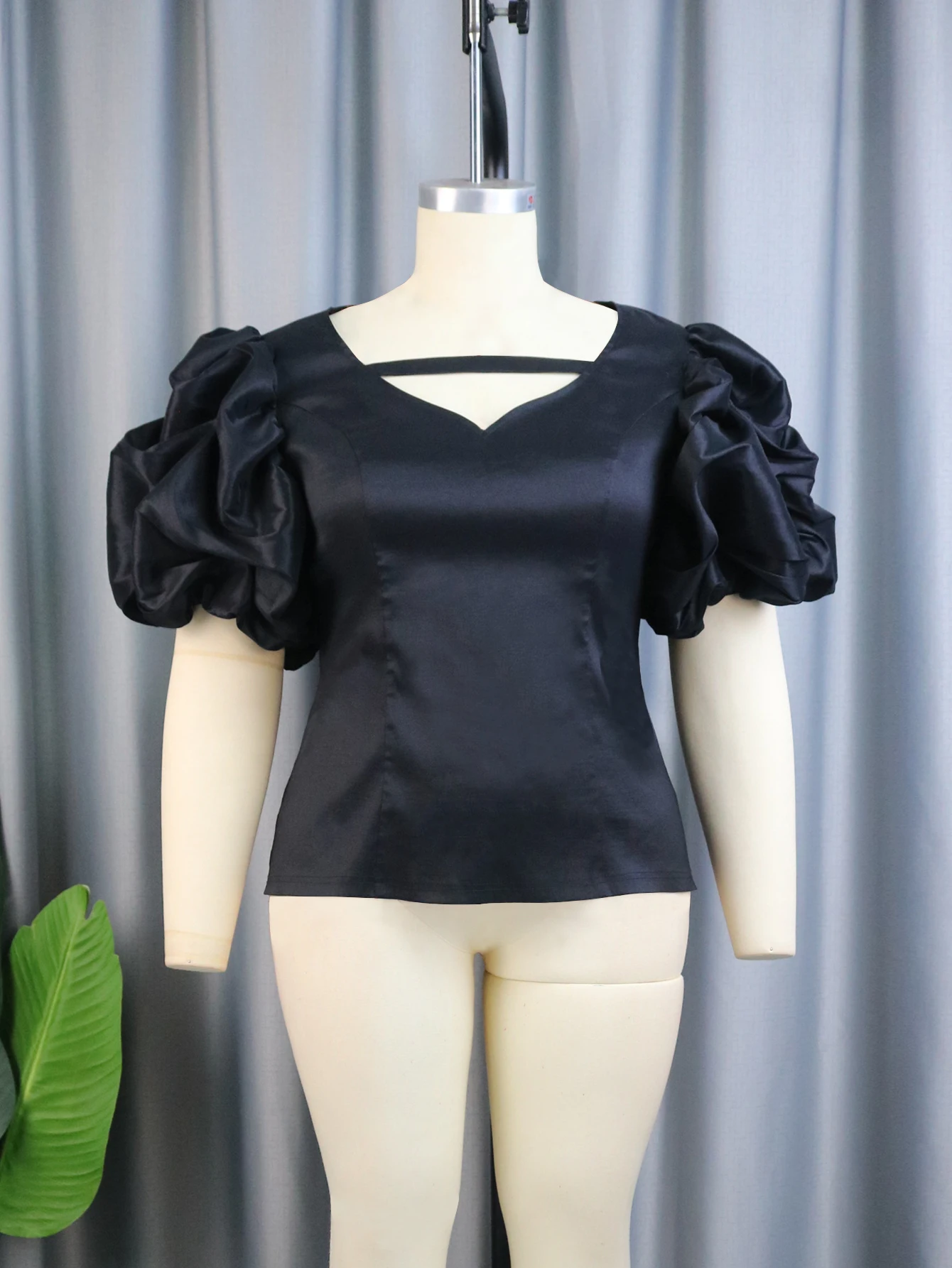 Aomei Black Fashion Blouse Sexy V Neck Puff Sleeve Slim Shirt Lovely Girl Evening Event Party Top Y2K 2023 Summer New Big Size