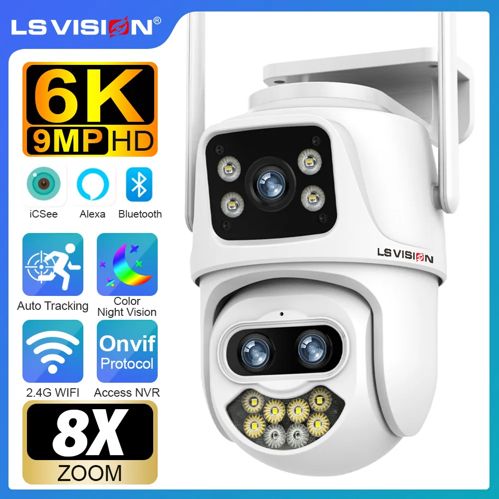 

LS VISION 9MP 6K 8X Zoom Dual Screen WiFi PTZ Camera Outdoor Three Lens Human Detect Auto Tracking Surveillance Camera iCSee App