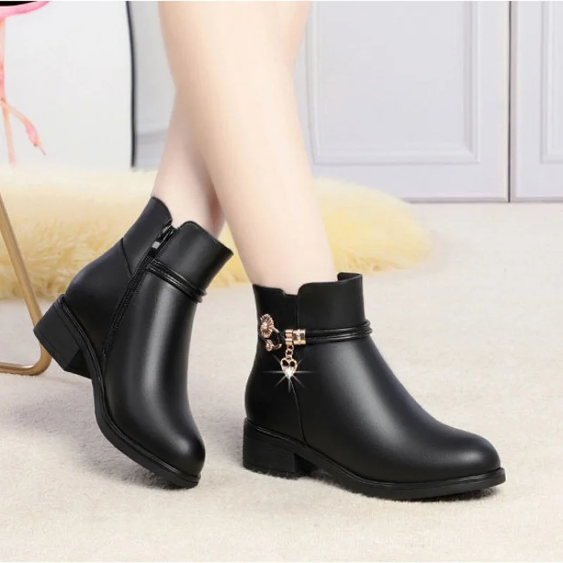 Botines de Cuero Suave para Mujer, Forrados de Pelo, Zapatos Cálidos de Algodón, Tacón Grueso, Planos, Negros, Calzado Cómodo para Mamá