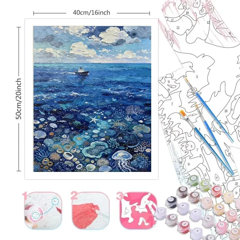 Paint By Numbers Blue Seabed Landscape DIY Frameless HandPainted Wall Art Coloring Painting for Living Room Home Decoration