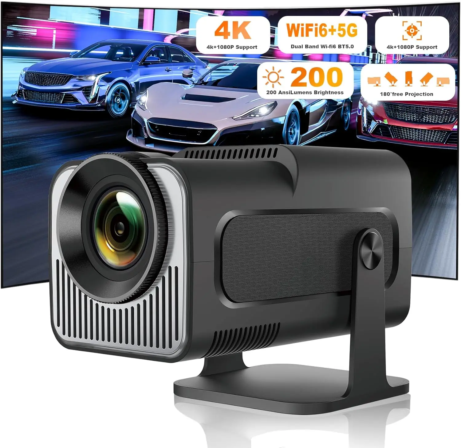 Portable Mini Projector with 4K Support, WiFi6, Bluetooth 5.0, Auto Keystone Correction for Home Theater and Entertainment