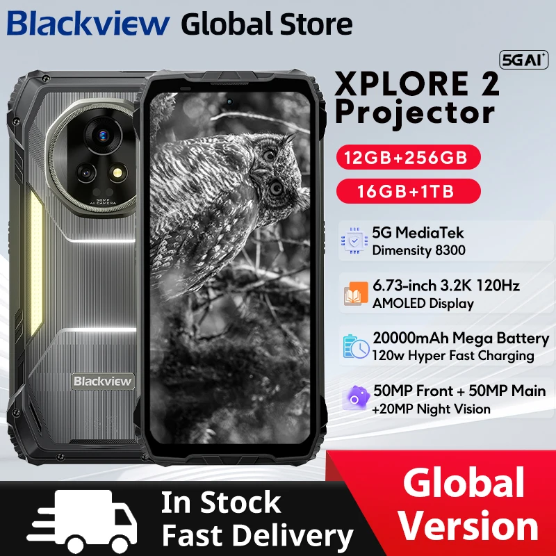 Blackview XPLORE 2 Projector 5G AI Rugged Phone 6.73” 3.2K AMOLED Display Dimensity 8300 20000mAh 120W Charger Cellphone