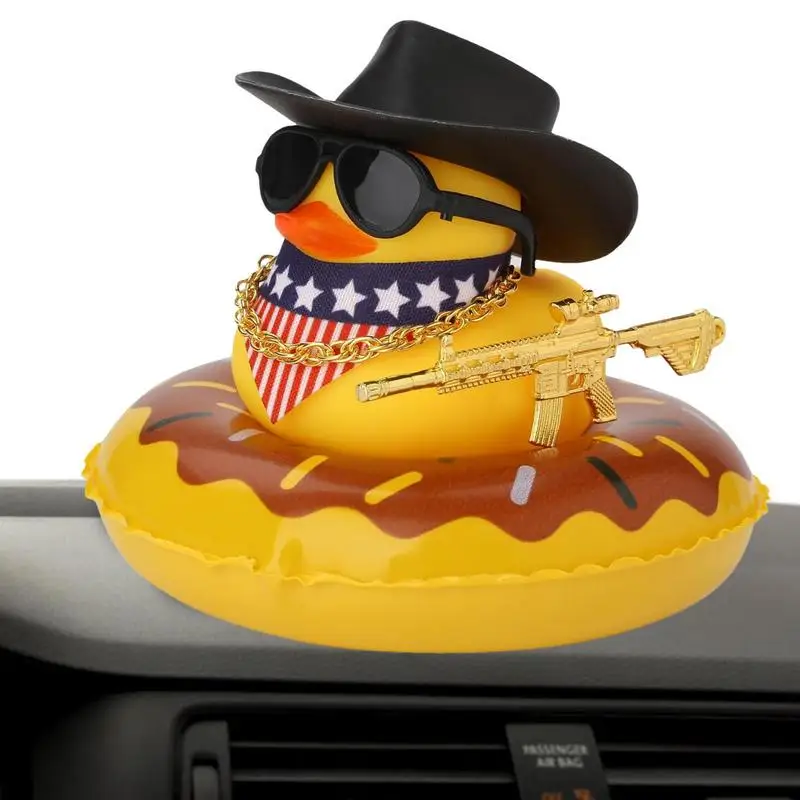 Car Rubber Duck Decoration West Cowboy Theme Ornament Accessories Yellow Duck With Sun Hat Swim Ring Necklace For auto Dashboard