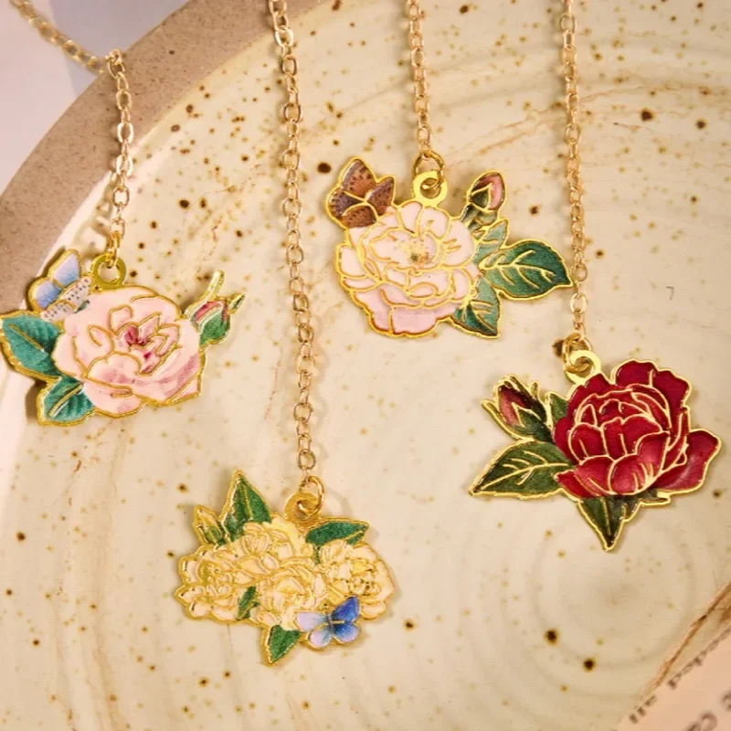 الرجعية المعادن الجمالية روز المرجعية قلادة النمط الصيني الأزهار اللوحة المرجعية طالب القراءة علامة كتاب الملحقات هدية