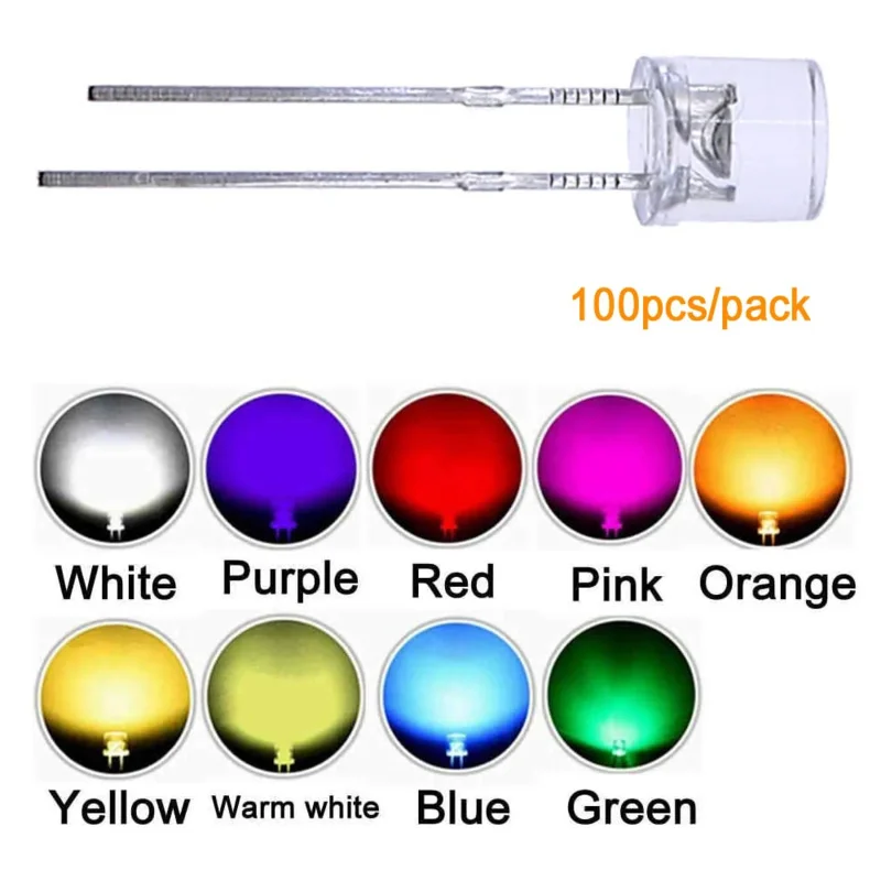 100pcs/lot 5mm LED Light Emitting Diode Flat Top Warm white Red Blue Green Orange Yellow Pink Color Bulb Lamp Indicator