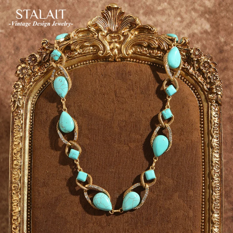 

Vintage Turquoise Jewelry Natural Stone Necklace Antique Gold Color Chain Chokers Gothic For Women Summer Party Accessories 2025