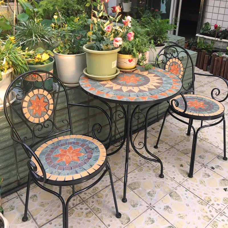 European idyllic mosaic balcony table and chair three-piece suite outdoor courtyard milk tea shop Internet celebrity table and c