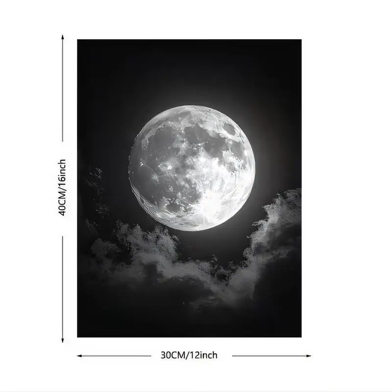 Realistic Full Moon & Clouds Black - White Metal Wall Art - 30x40cm Iron Decor for Home, Bedroom, Living Room, Modern Minimalist