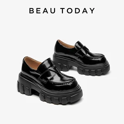 BEAUTODAY Platform Loafers Women Cow Leather Round Toe Triangle Marker Sewing Design Classical Black Shoes Female Handmade 26638