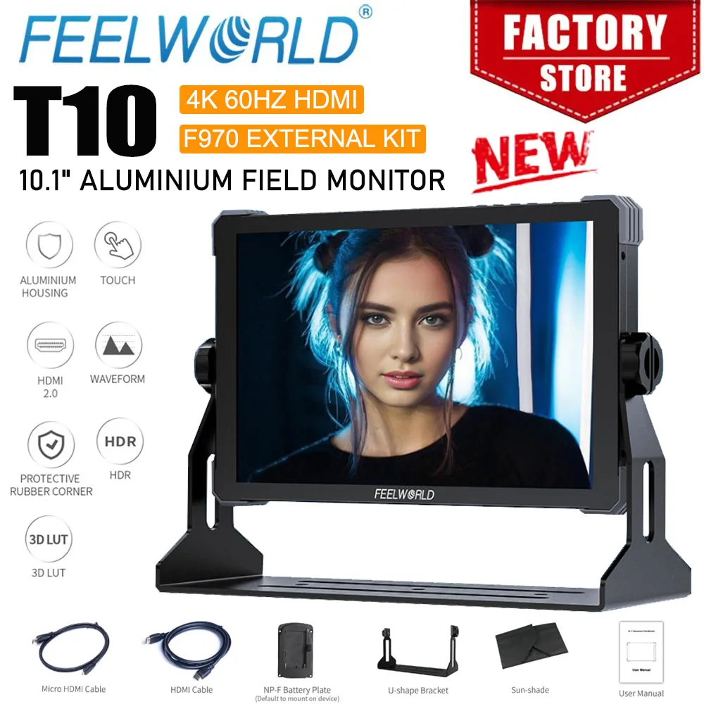 FEELWORLD T10 10.1 Inch Monitor Touch Screen Aluminium DSLR Camera Field Monitor 4K HDMI NP-F External Install and Power Kit