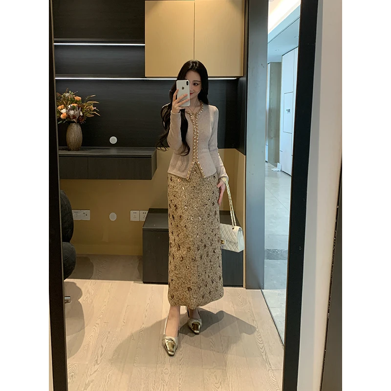 

Зимний вязаный комплект из топа и юбки с ромбовидным узором для женщин, стройнящий силуэт, модный ансамбль