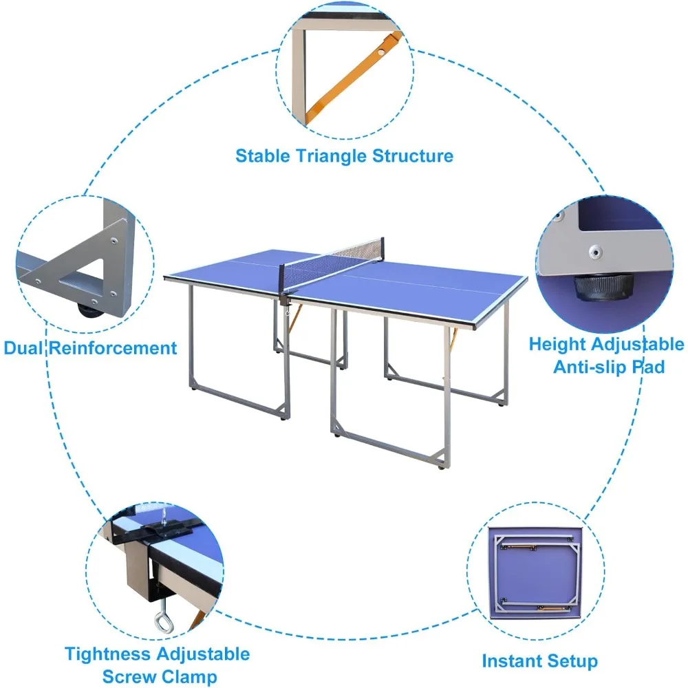 Foldable and portable table tennis table, medium size 6ft x 3ft table tennis table with 2 rackets, game net and 3 balls