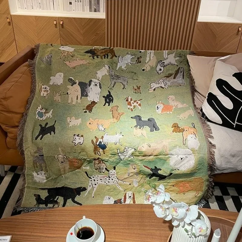 Cute Animal Blanket Outdoor Camping Picnic Mat American Vintage Puppy Park Throw Blankets for Bed Room Decor Tapestry Sofa Cover - Detail 1