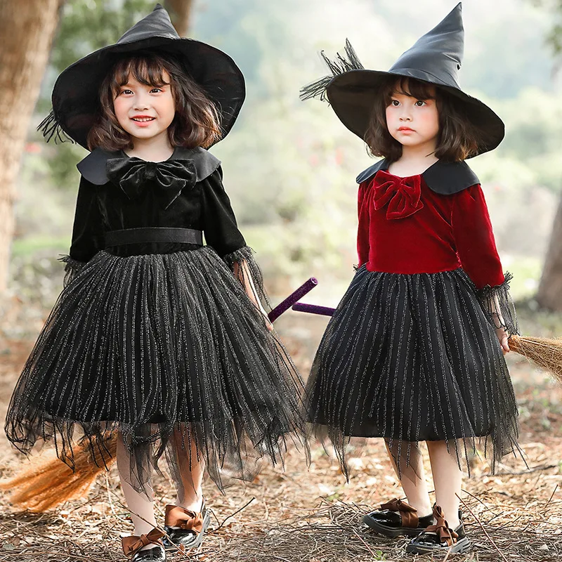 

Black Witch Skirt Mesh Puffy Princess Costume Halloween Children's Clothing Girls' Witch Outfit Stage Performance Traditional...