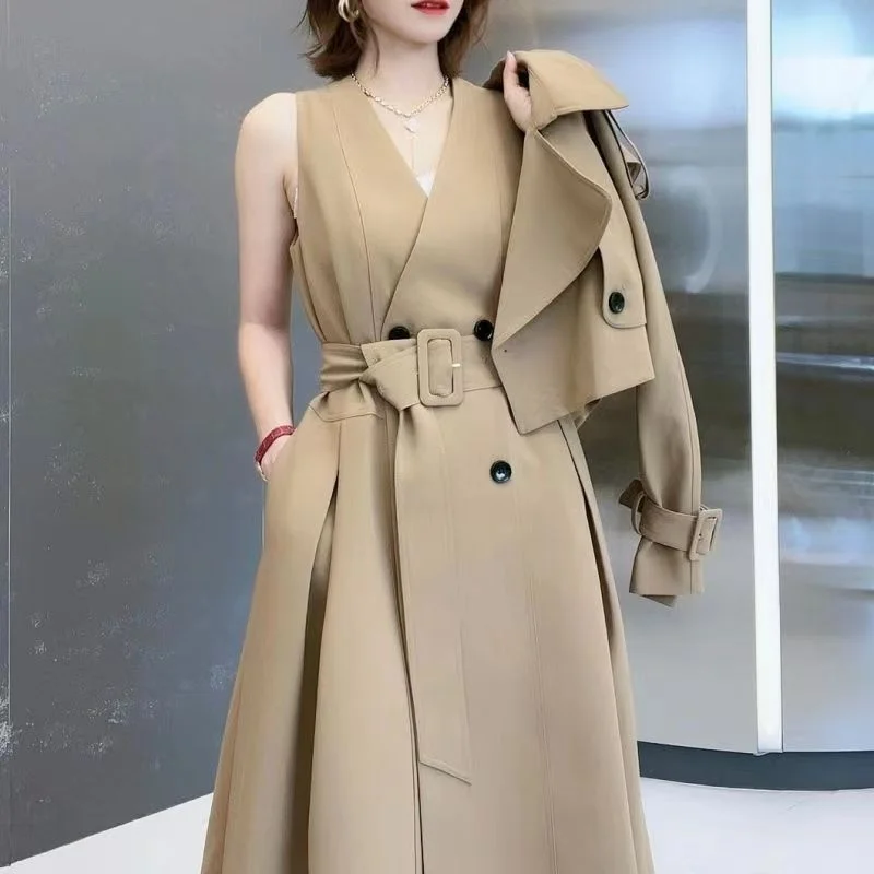 [EWQ] Two-piece Set Women Long Sleeve Short Jacket+ Sleeveless Double Breasted Lace-up Dress 2024 Autumn New Tide Clothes 6U2457