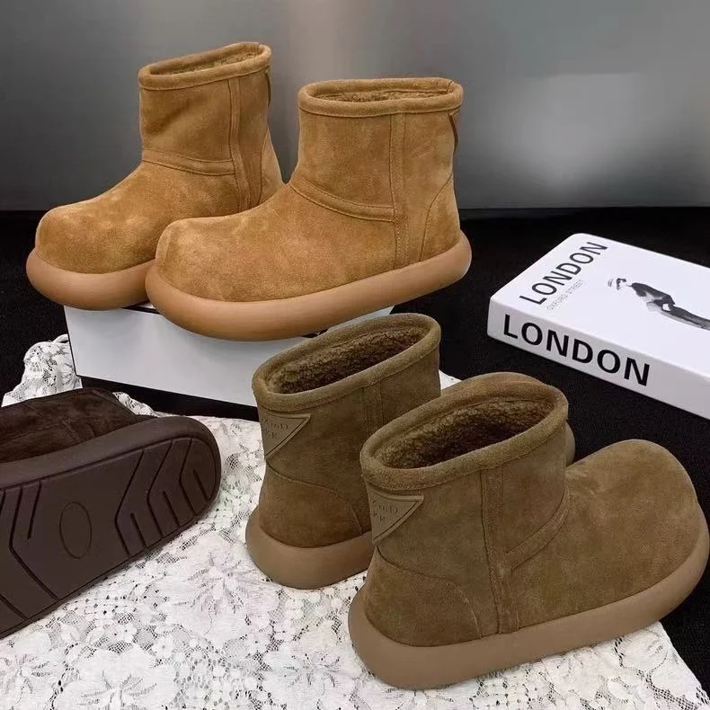 2025 المرأة سميكة القاع أحذية الثلوج الفراء اصطف أحذية الشتاء الدافئة المطاط وحيد جولة تو الكاحل الجوارب الكورية نمط 35-40 #1