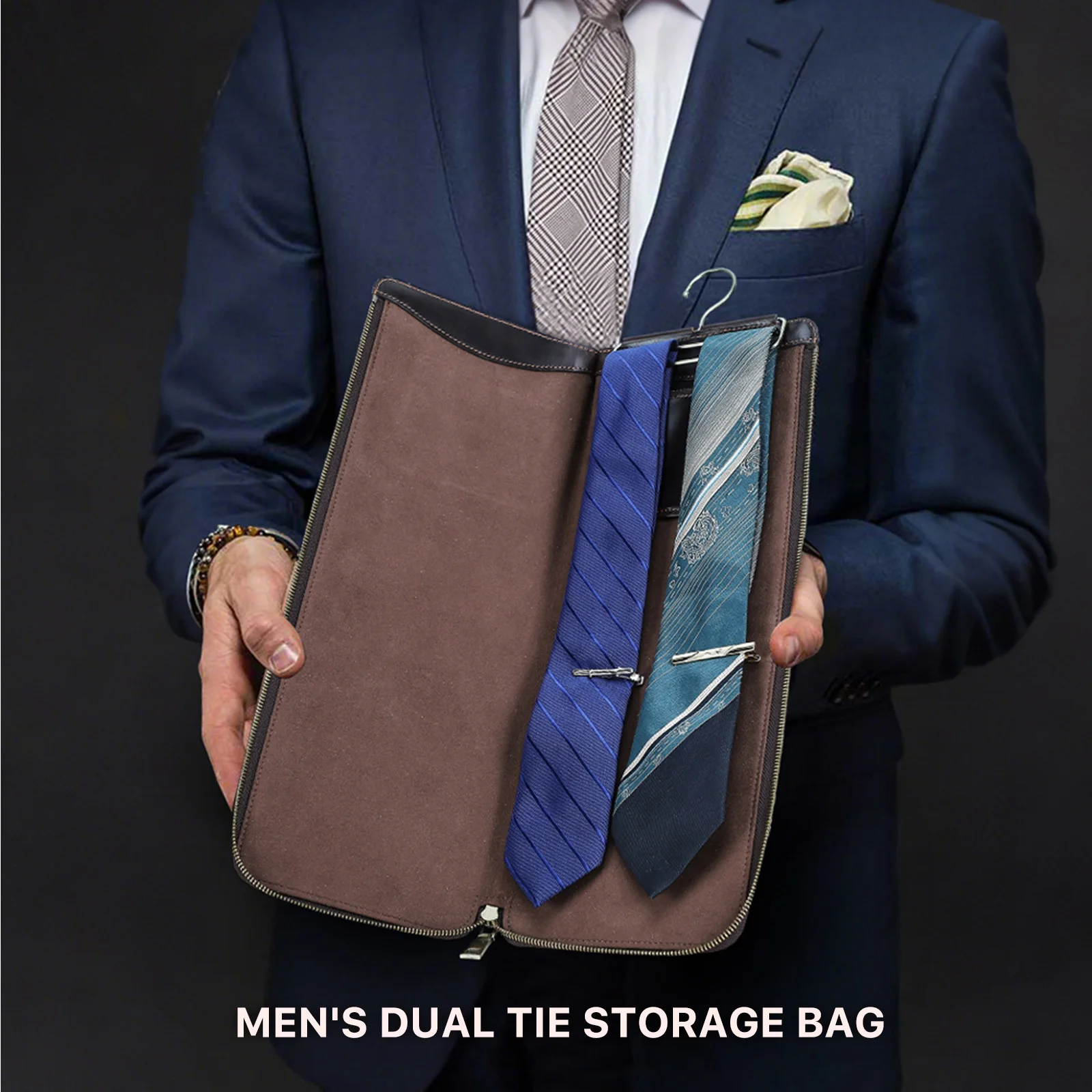 Genuine Leather Mens 2 Ties Case with Hook for Travel Necktie Carrier Organizer Bag Storage Box Suit Accessories