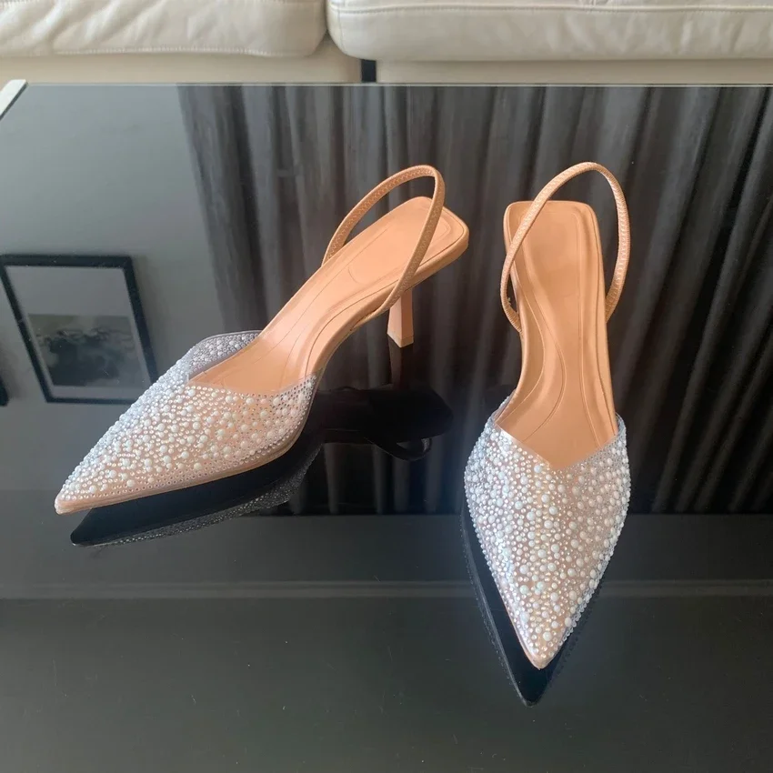 Escarpins pointus à talons hauts pour femmes, décoration perlée, slingback, sandales élégantes, mode d'été, 2024