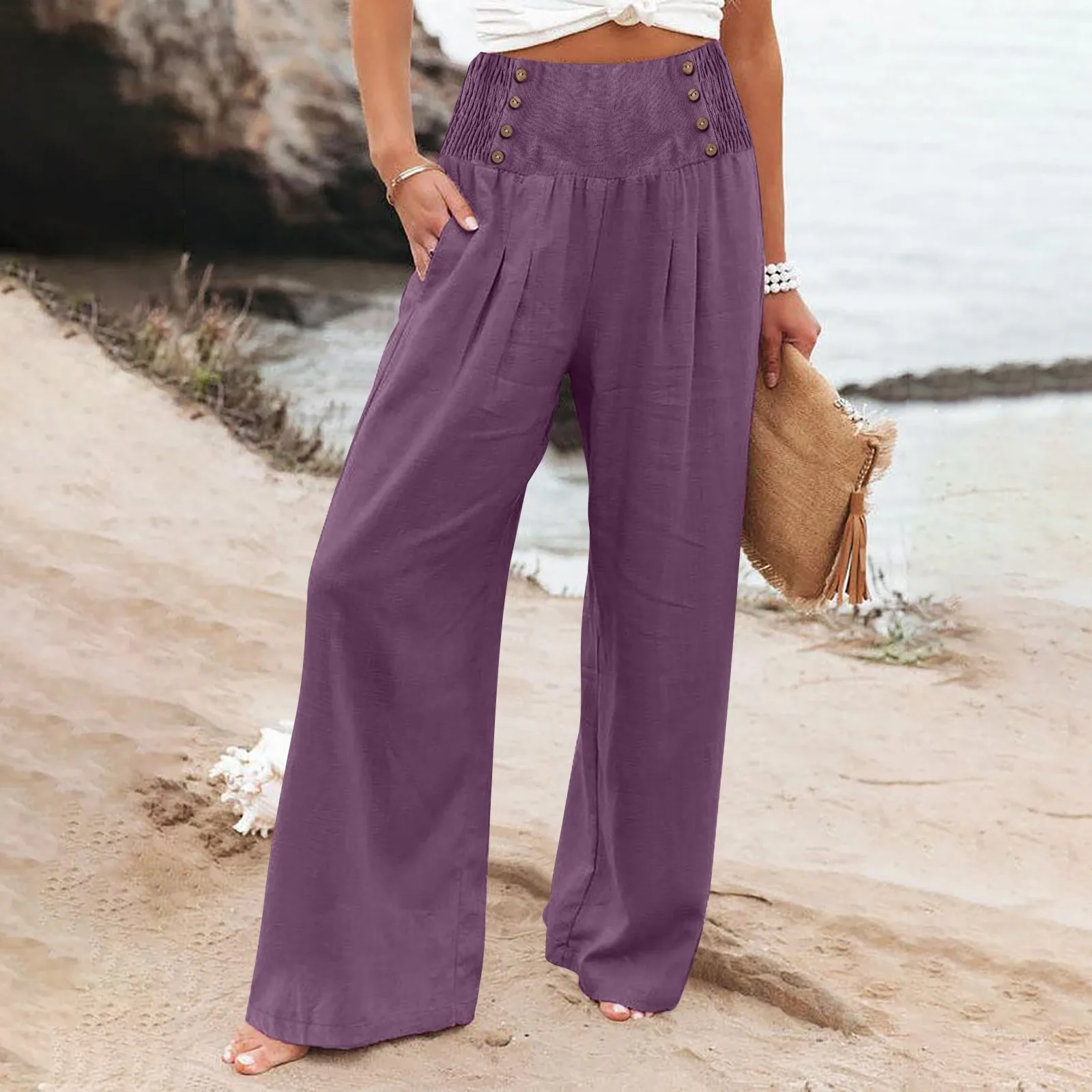 Spring Summer Cotton Linen Style Women Loose Long Trousers Leisure Solid High Waist Ruched Beach Wide Leg Pants with Pocket