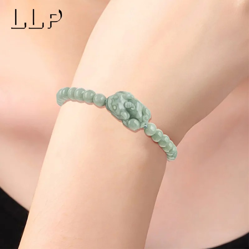 Natural A Jade Pixiu Round Bead Bracelet Fashion Personalized Jewelry Elastic Bracelet Female Mascot Festival Gifts