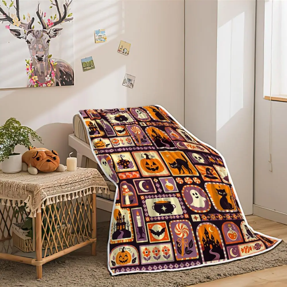 Halloween Patchwork Pumpkin Black Cat Ghost Bat Castle Print Warm Blanket For Bedroom Sofa Camping Daily Home Indoor Casual Use