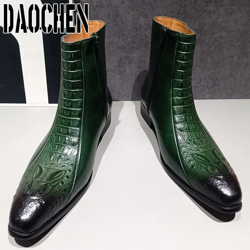 Luxury Men Ankle Boots Shoes Black Green Crocodile Print Zipper Casual Men Dress Shoes Genuine Leather Chelsea Boots Men