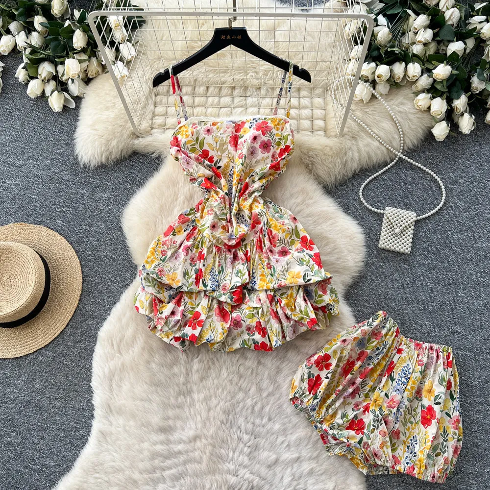 

Women Two Piece Sets Dress Set Sling Print Floral Sleeveless Dresses Short Pant Elastic Waist Y2k Streetwear Elegant Work 2026