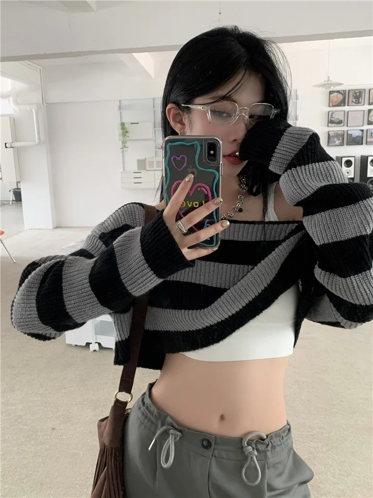 Hikigawa Casual Contrast Color Striped Women Sweaters Slash Neck Long Sleeve Pullovers Sweet Loose All Match Jumpers Women