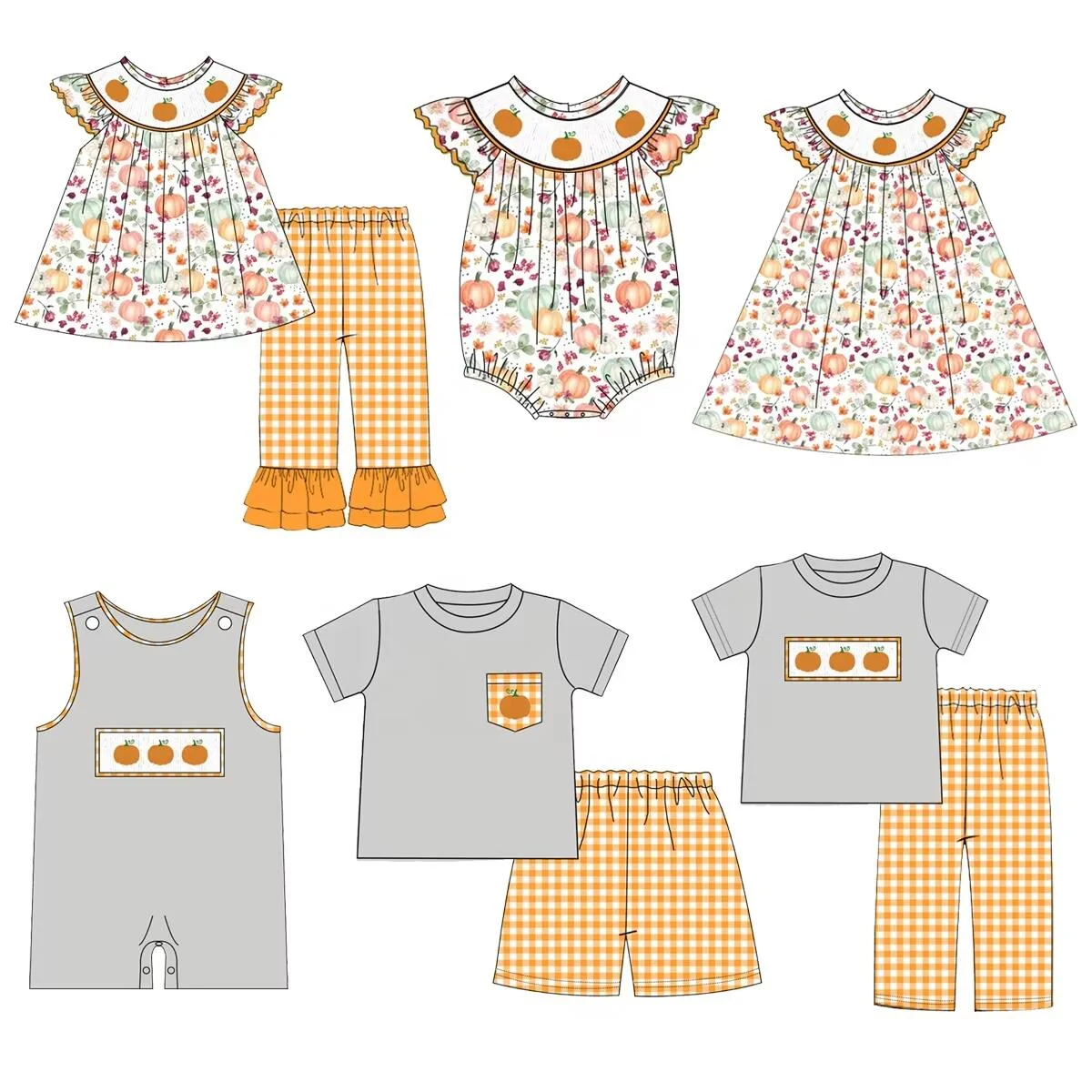 

Thanksgiving Clothing Toddler Baby Clothes Kids Boutique Clothes Pumpkin Fabric Short Sleeve Long Pants Set Rompers Dresses