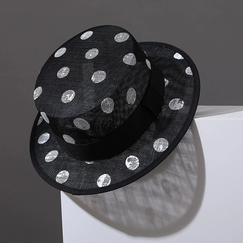 New Summer British Black & White Polka Dot Flat Top Linen Yarn Hat Casual Luxury Women Formal Sun Hats