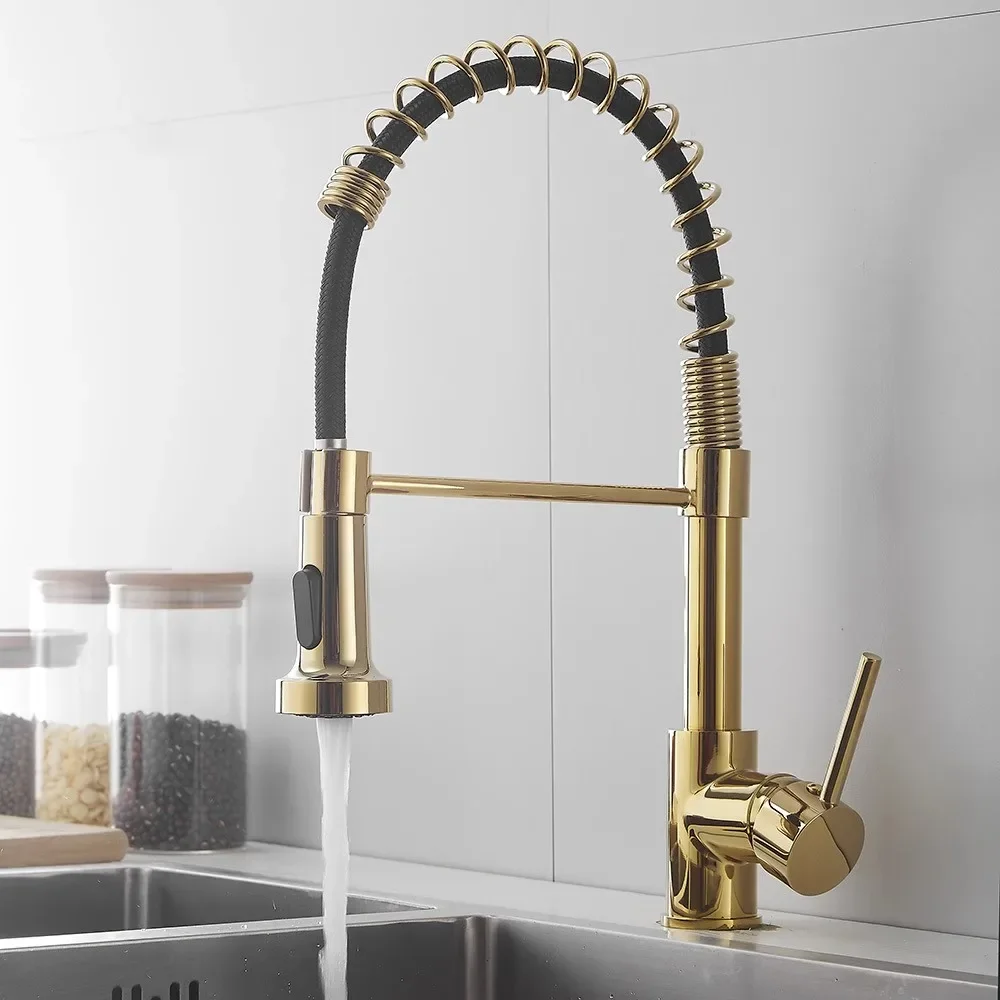 Golden spring vegetable basin kitchen faucet hot and cold rotatable stretchable shower American sink dishwasher