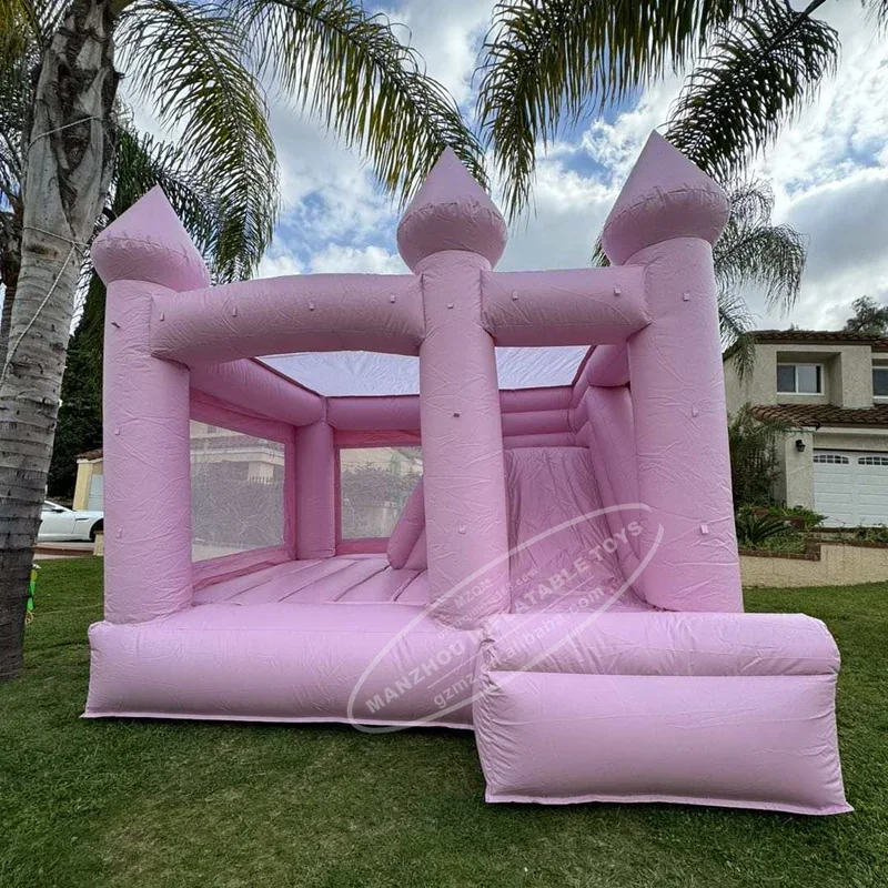 Castillo hinchable de salto comercial, combinación inflable rosa pastel, tobogán de casa de rebote blanco con soplador de aire