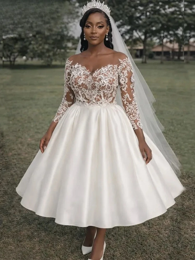 Elegant  A-line Wedding Dresses for Bride Sheer Neck Three-quarter Sleeves Lace Satin Garden Civil Bridal Gown vestido de novia