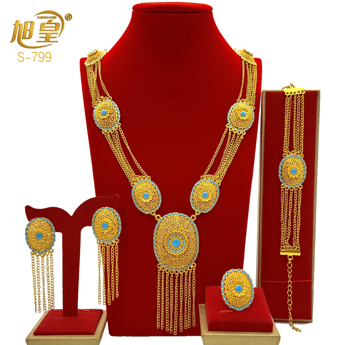 New Arabic Dubai Jewelry Set for Women Earrings Ethiopian African Long Chain Gold Color Tassel Necklace Wedding Bridal Gift