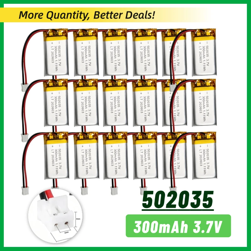 PUJIMAX 1-20pcs 502030 3.7V 300mAh Li-polymer Battery Replacement Cell PH2.0 Plug for Wireless Mouse RC Toy LED Lights