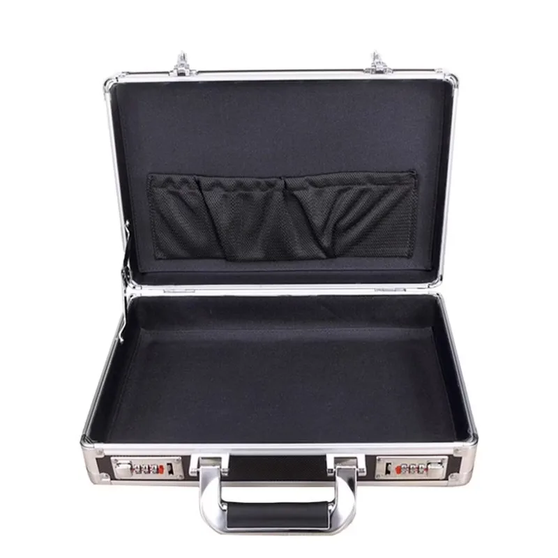 Locked aluminum alloy suitcase, portable double password toolbox, ID storage box, black empty box.