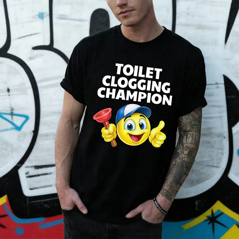 

Funny "Toilet Clogging Champion" Emoji T-shirt Street Humor Casual Short-Sleeve Top Men's And Women's Party Fun Crew Neck Tee